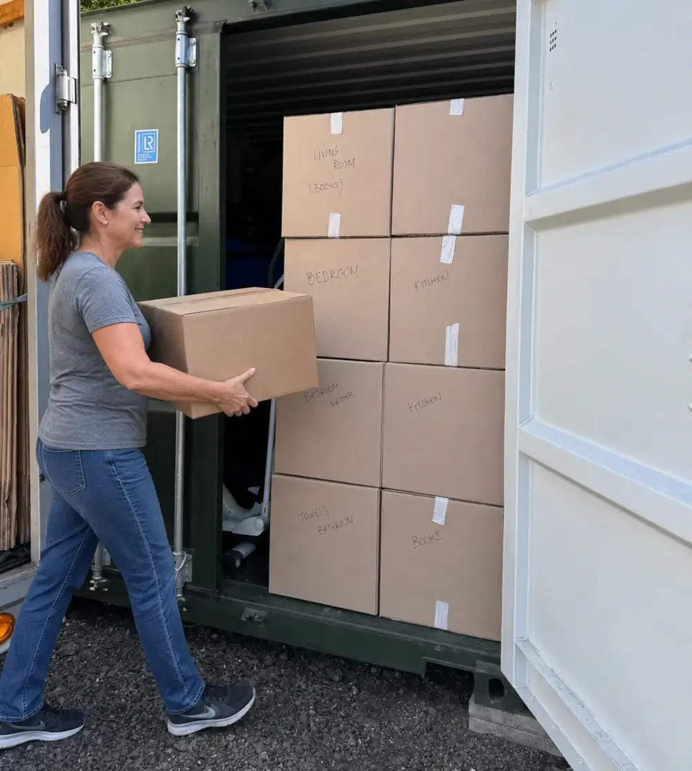 client placing box in storage
